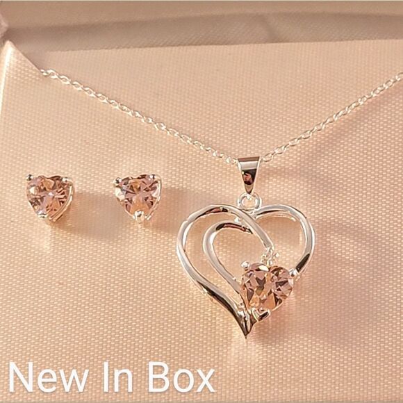 Sterling Openwork Pink Heart CZ  Necklace & Stud Earrings Set - Ne… - Picture 2 of 7